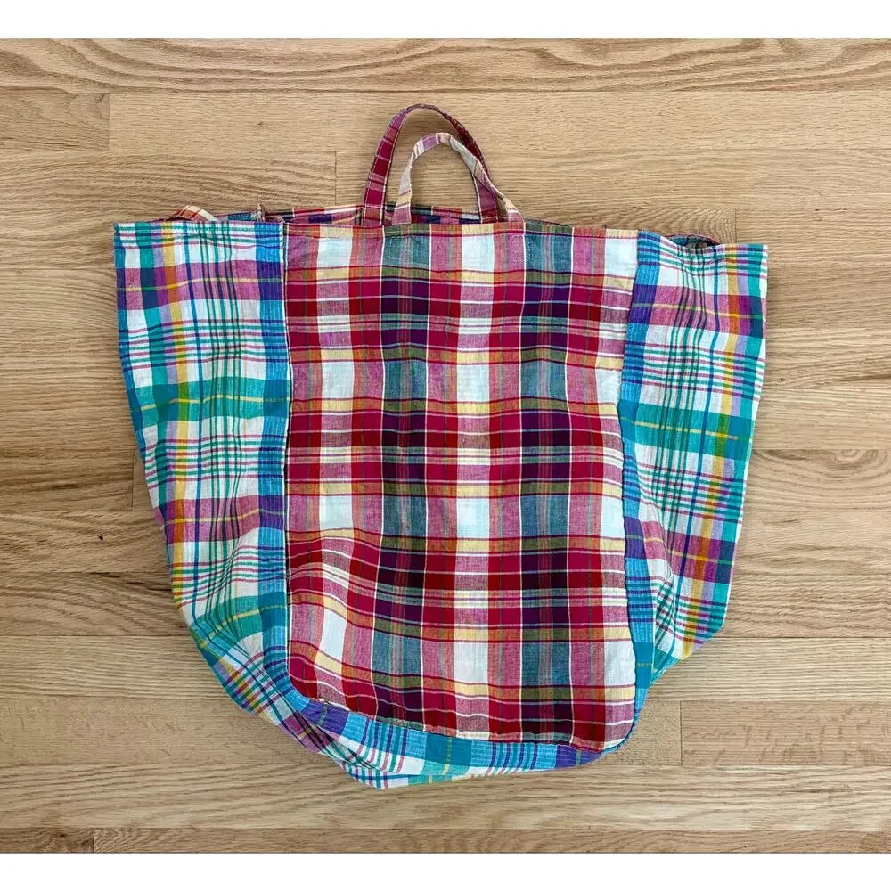 amiacalva large easy bag canvas plaid madras print tote